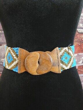 Artisan Crafted Beaded Stretch Belt With Wooden Buckle